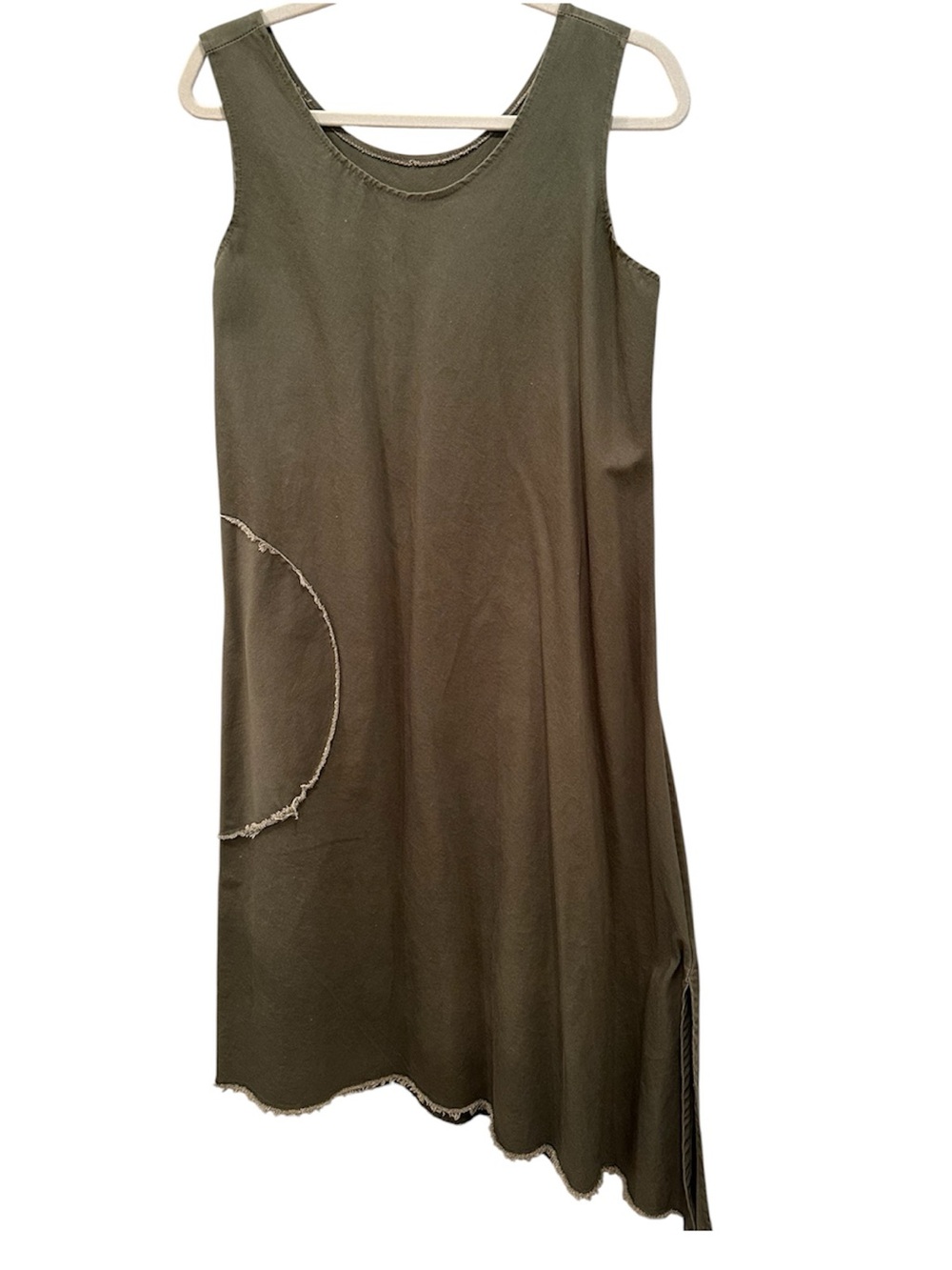 100% Cotton USA Made Sleeveless Olive Asymmetrical Tank Dress Raw Hem Sz S